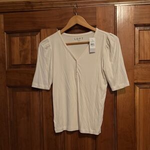 LOFT White Ribbed 3/4 Sleeve Fitted Blouse